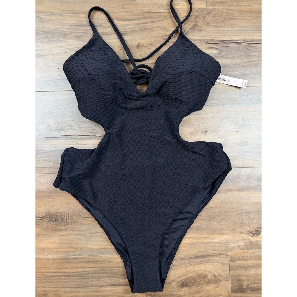 Victoria's Secret Black Textured Cut-Out Adj. Strap One Piece Swimsuit NWT SZ L
